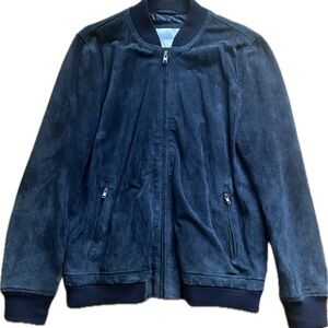 Bellfield Navy Blue Suede Leather Bomber Jacket Sz Large